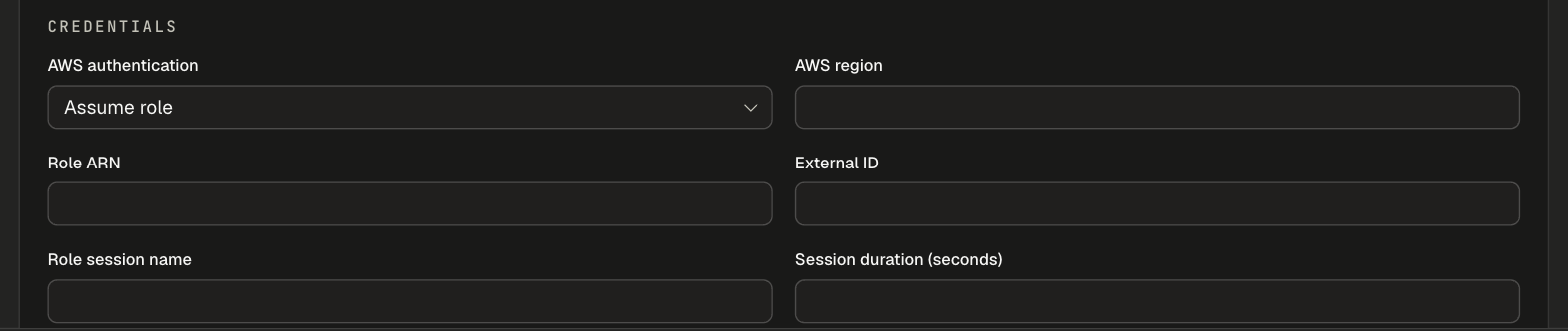 Bedrock credentials with AWS authentication set to Assume role: Role ARN, External ID, Role session name and Session duration