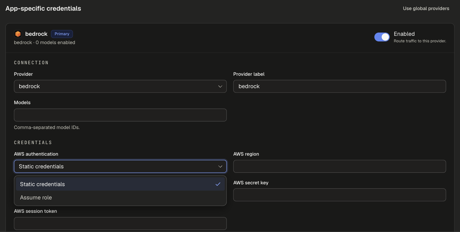 Bedrock provider form with AWS authentication set to Static credentials and the Assume role option shown