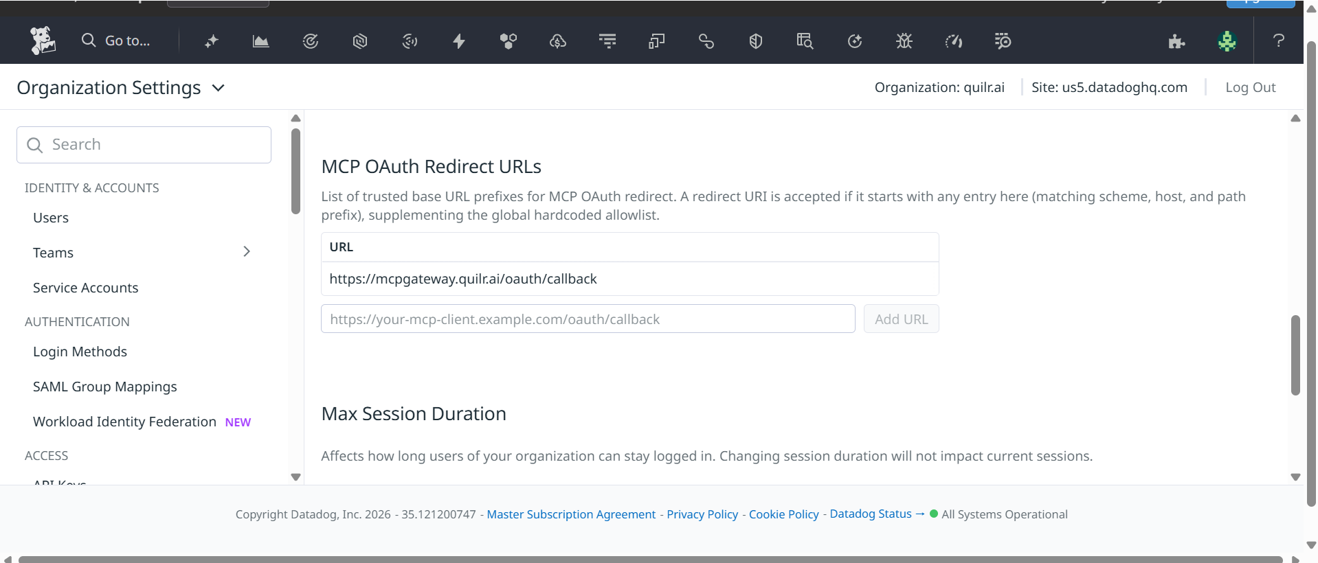 Datadog MCP OAuth Redirect URLs settings showing the QuilrAI callback URL added to the allowlist