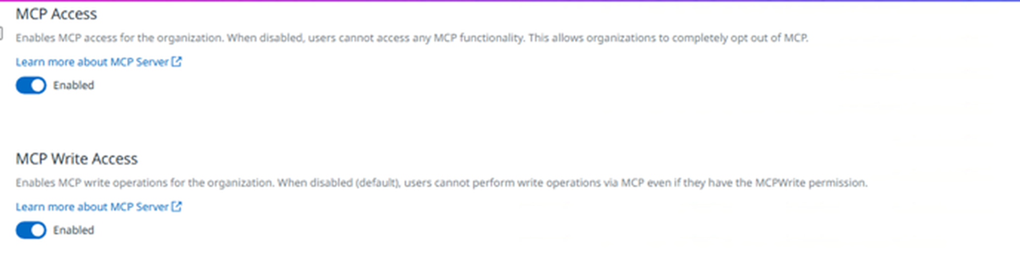 Datadog Organization Settings Preferences page showing the MCP Access and MCP Write Access toggles