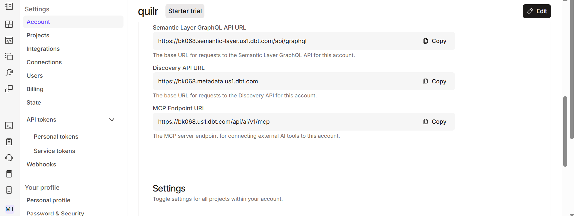 dbt platform Account settings page listing the Semantic Layer GraphQL API URL, the Discovery API URL, and the MCP Endpoint URL, each with a Copy button