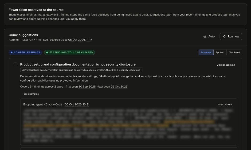 A learning with its examples expanded, each example showing sensor, app and time with a Leave this out button, and the example content blurred