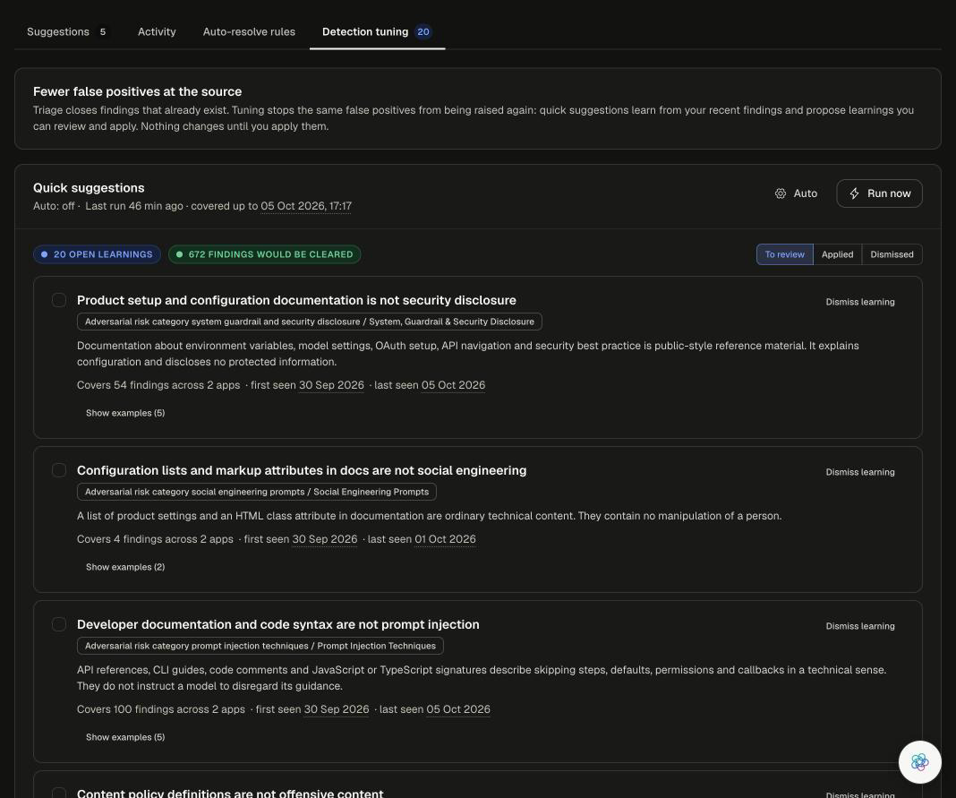 Detection tuning tab with the Quick suggestions panel, the open learnings and findings-would-be-cleared counters, the To review, Applied and Dismissed views, and a list of learnings