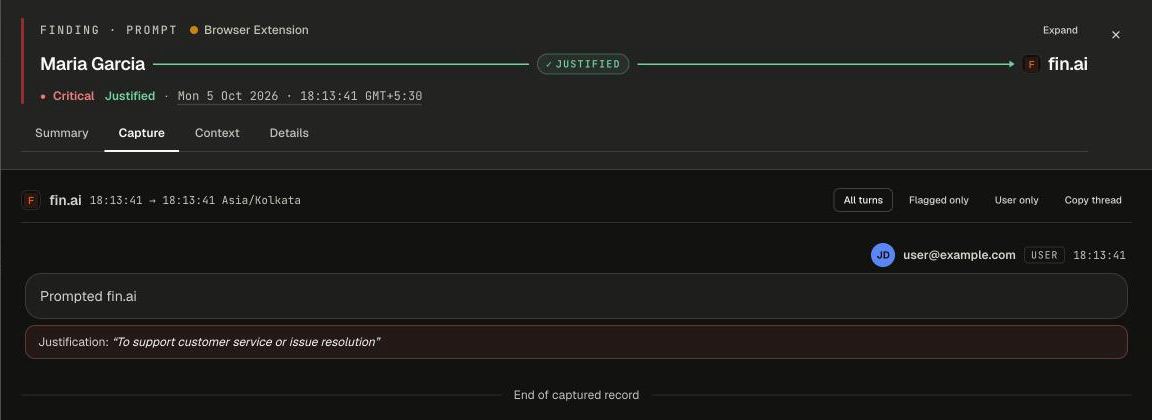 Capture tab showing a single user turn and the justification the person gave