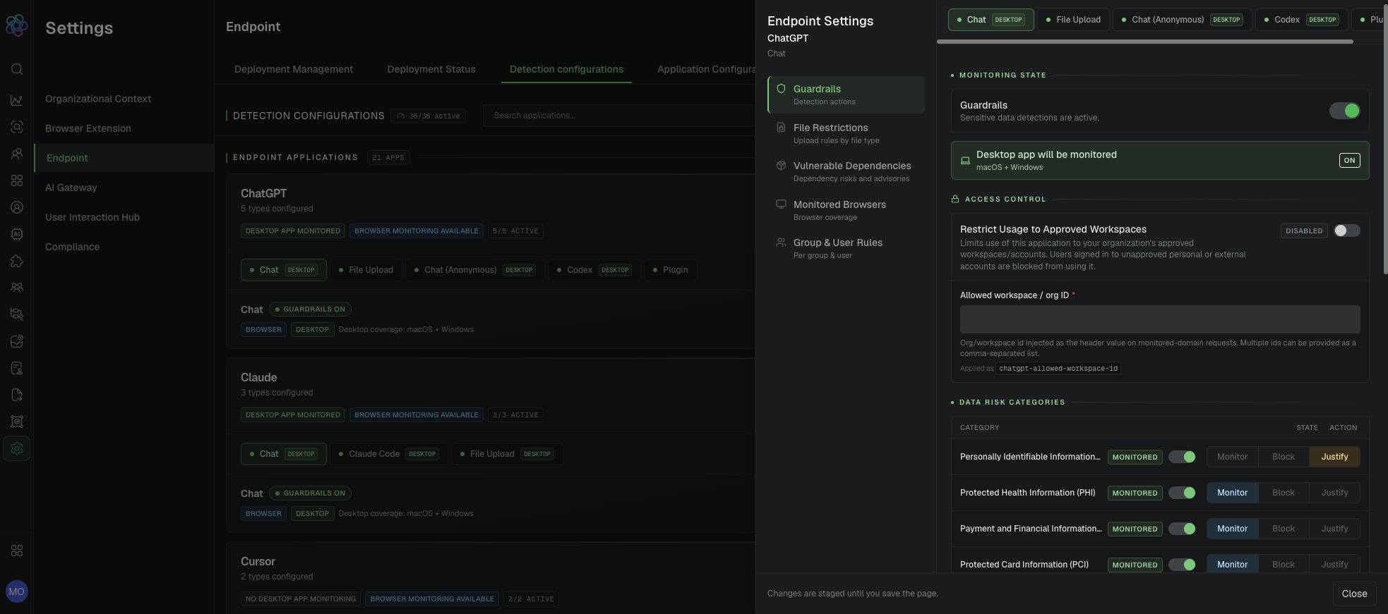 Endpoint application guardrails, access control, and category responses.