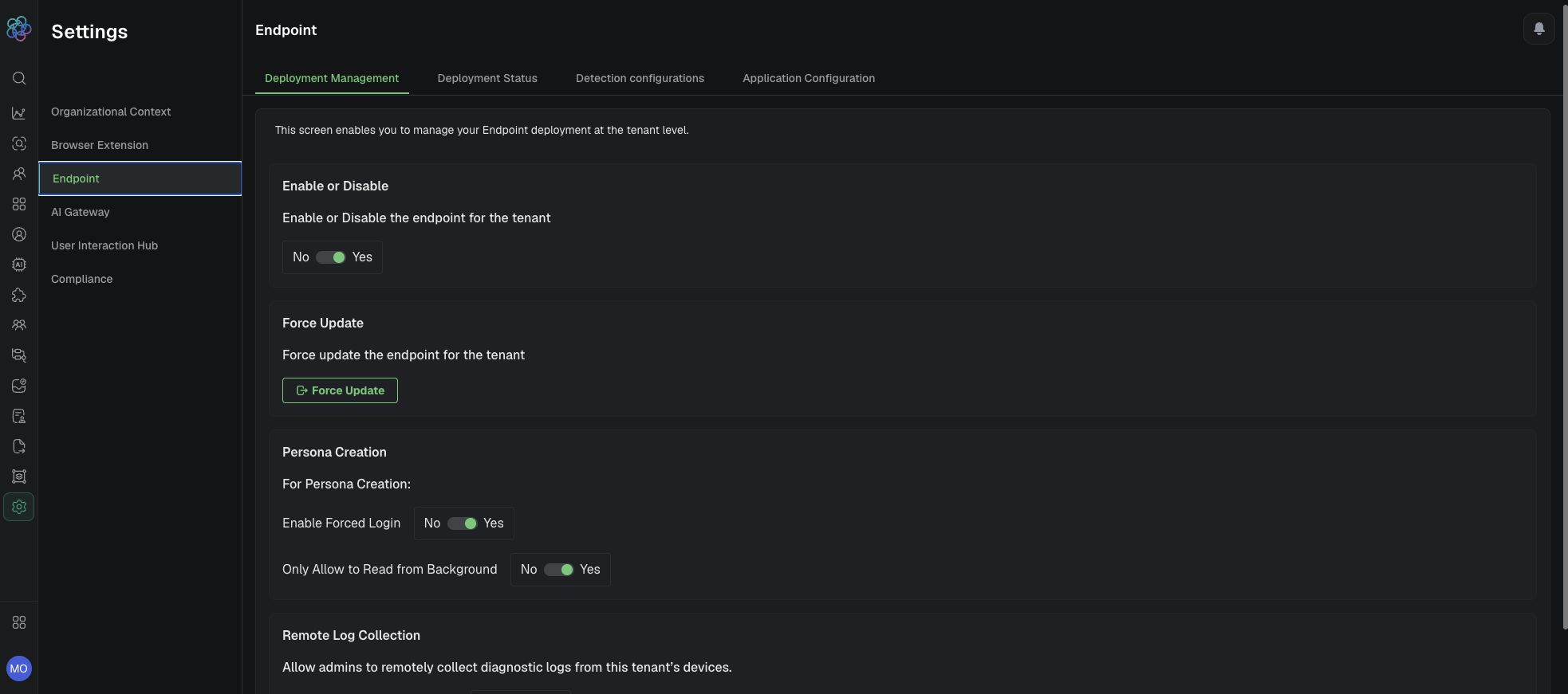 Endpoint Deployment Management controls used after the tenant-approved Endpoint Agent package is deployed.