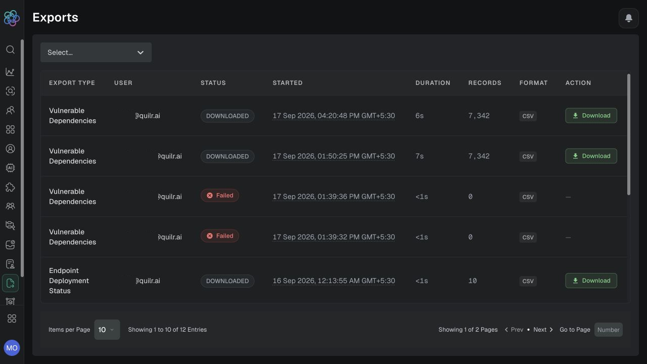 Central Exports queue showing type, masked user, job status, timing, record count, CSV format, and download action.