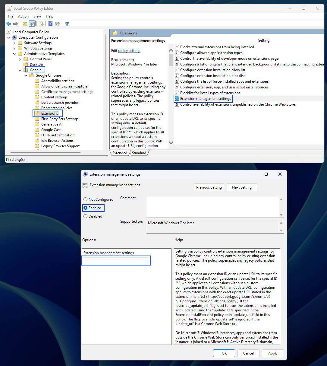 Chrome Group Policy path and Extension management settings policy.