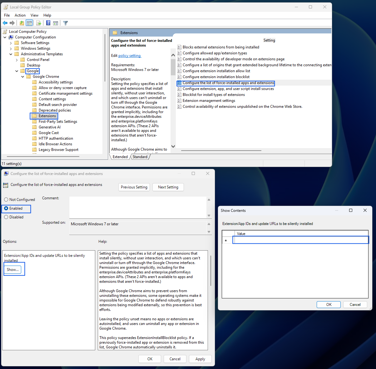 Chrome force-install policy used to supply the extension ID and tenant manifest URL.