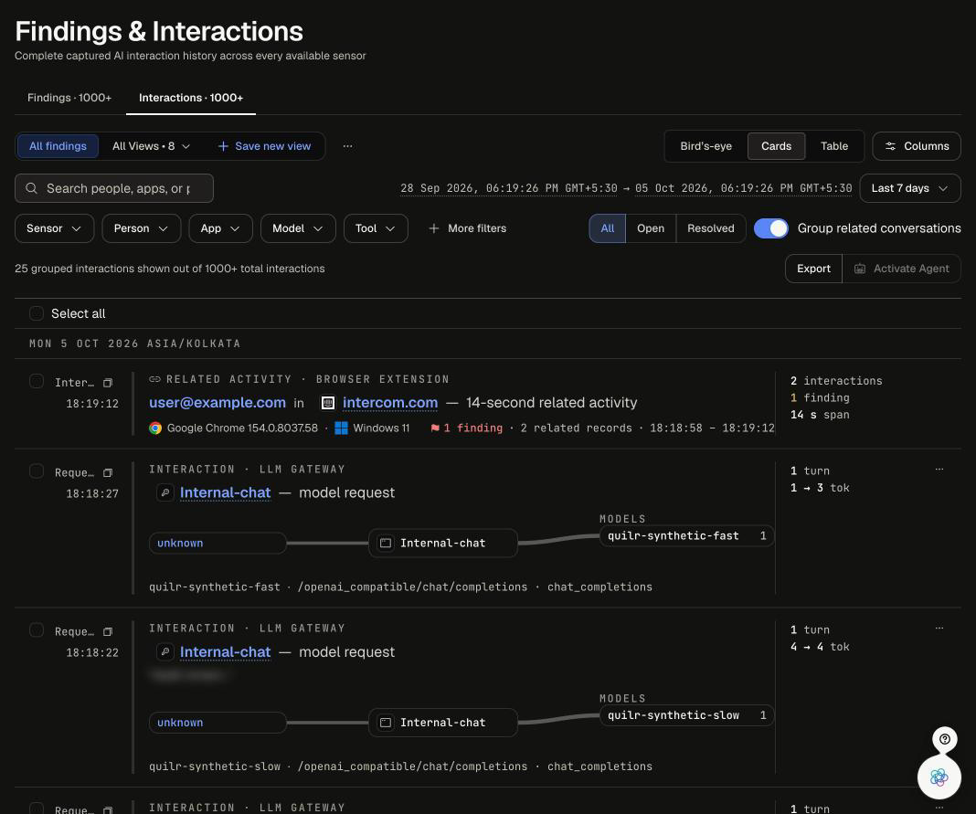 Interactions tab in the Cards layout with Group related conversations turned on, showing a browser activity group and two LLM Gateway model requests