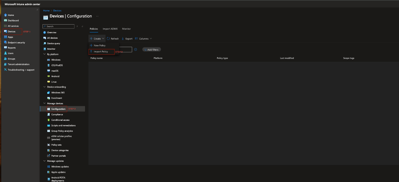 Microsoft Intune Devices > Configuration path and Import Policy action for the tenant JSON.