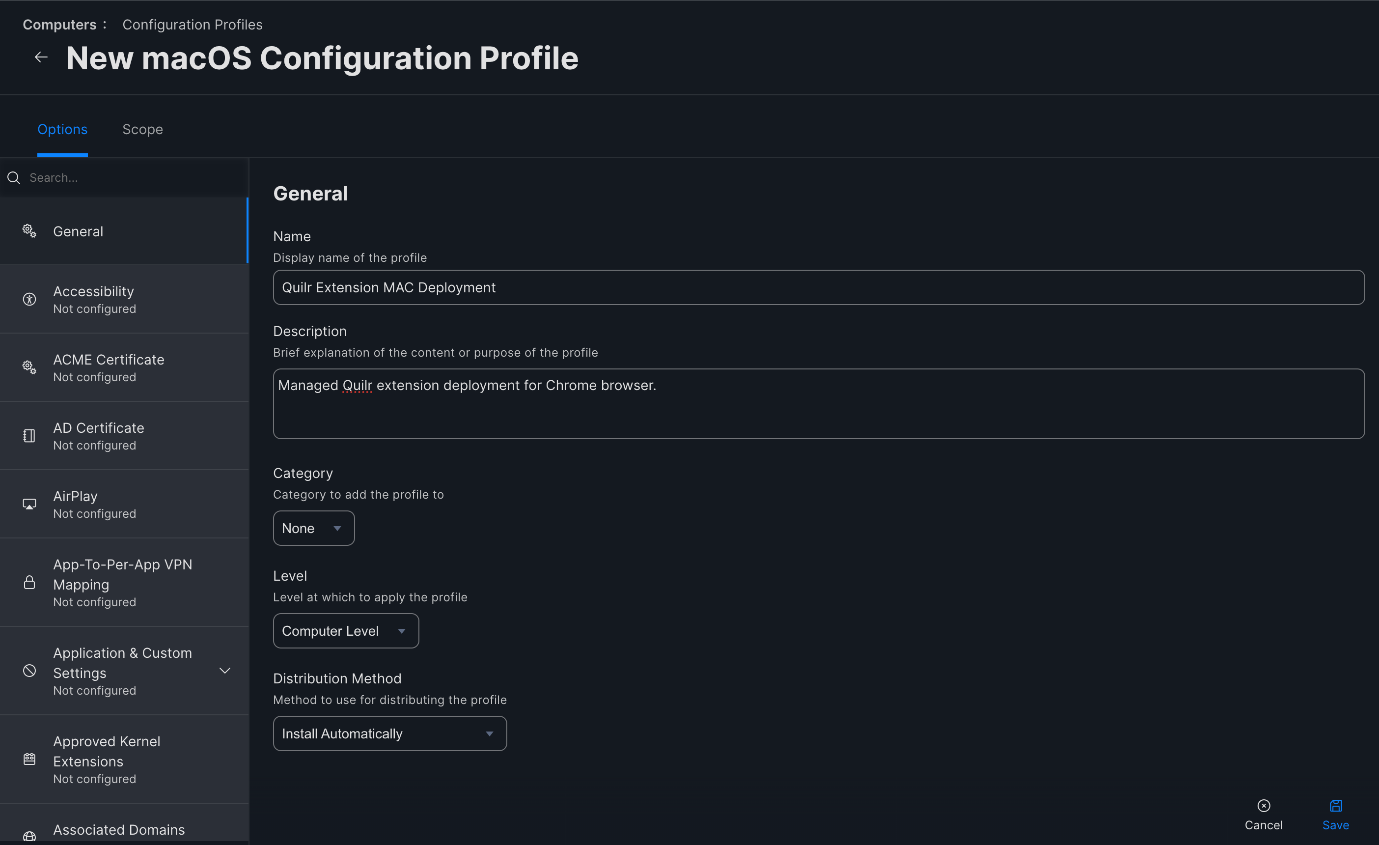 Jamf Pro computer-level profile configured for automatic extension deployment.