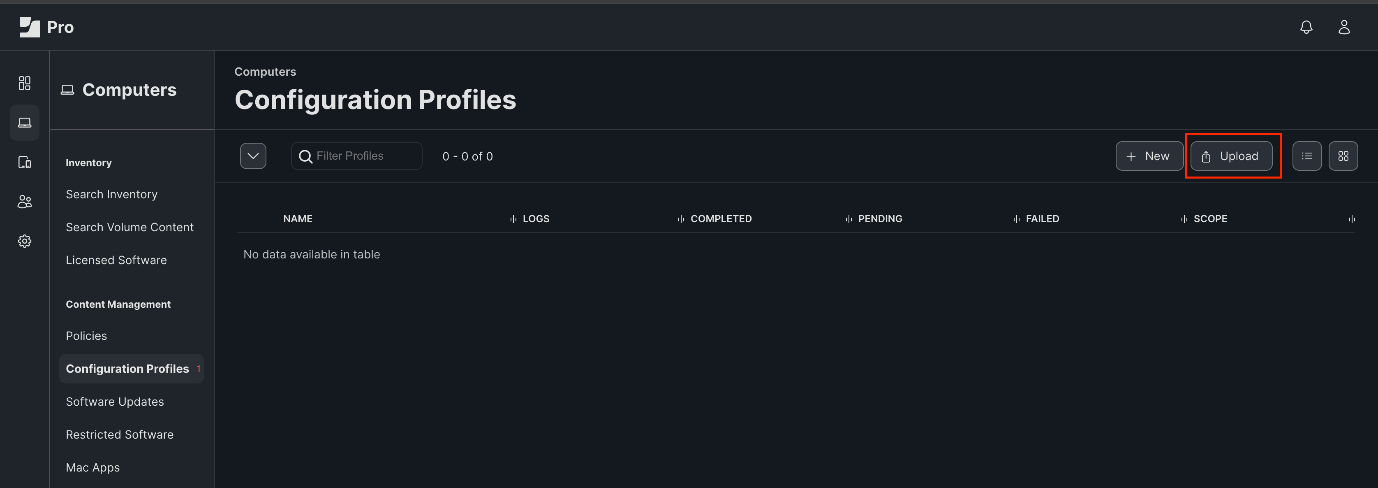 Jamf Pro Configuration Profiles area used to upload the tenant mobileconfig and Full Disk Access profile.