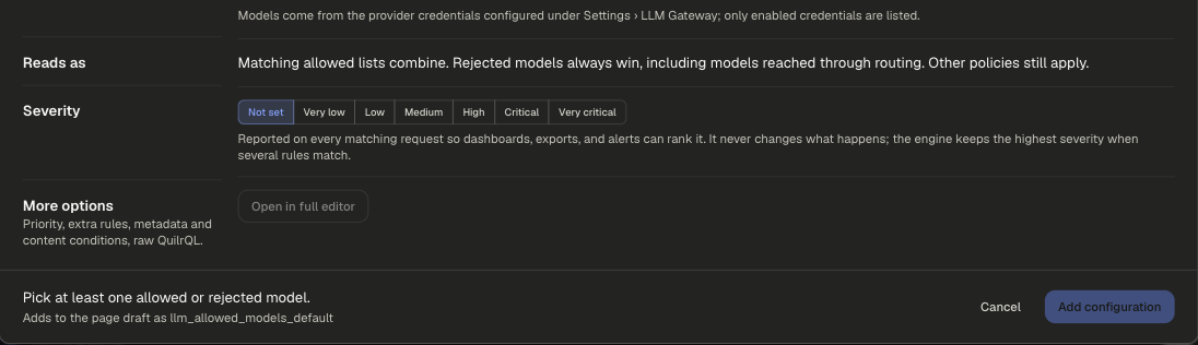 Reads as, Severity and More options rows with the Add configuration button
