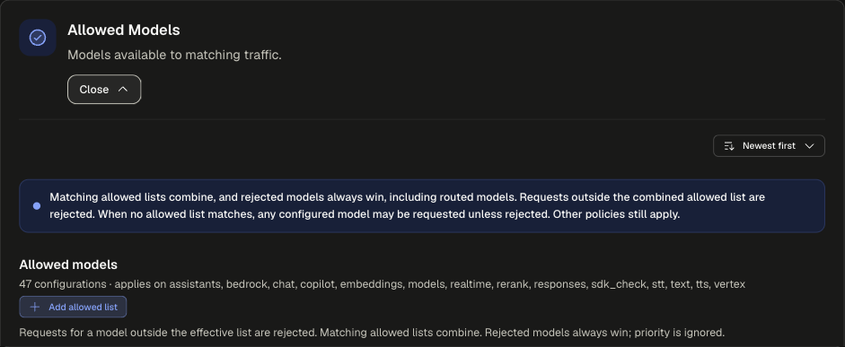 Allowed Models card expanded with the combine banner, the Allowed models section and its Add allowed list button