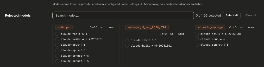 Model picker grouped by provider credential, with search, a selected count, Select all and per-group All and None