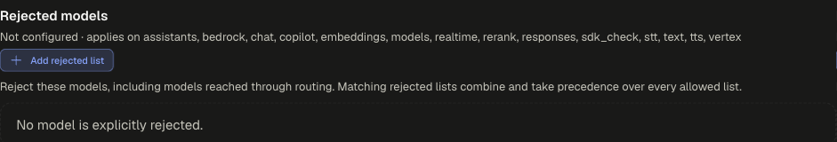 Rejected models section with the Add rejected list button and the empty state