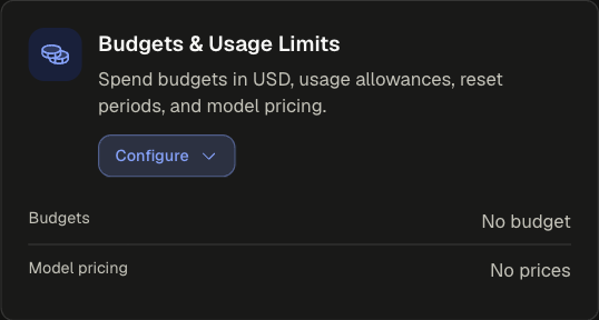Budgets & Usage Limits card collapsed with the Budgets and Model pricing summary rows