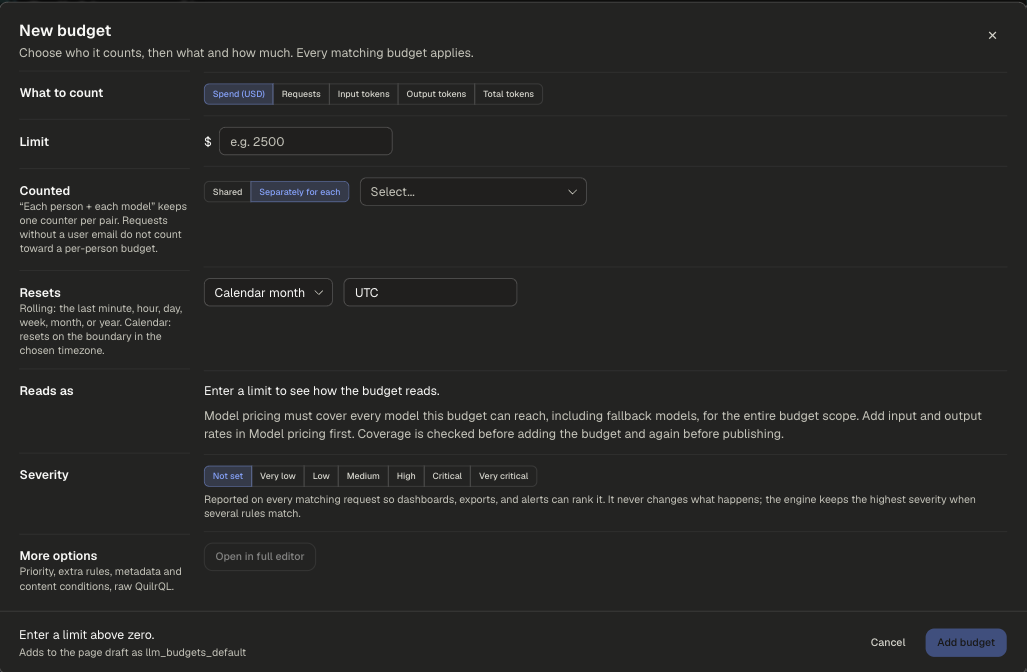 New budget dialog with What to count, Limit, Counted, Resets, Reads as with the pricing coverage note, Severity and More options