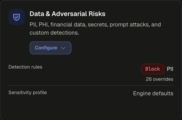 Data &amp; Adversarial Risks card collapsed, showing Detection rules and Sensitivity profile rows