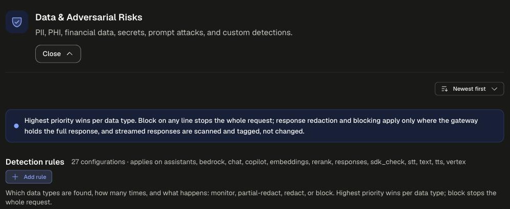 Data &amp; Adversarial Risks card expanded with the priority banner and the Detection rules section