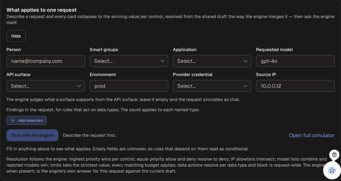 What applies to one request panel with Person, Smart groups, Application, Requested model, API surface, Environment, Provider credential and Source IP fields, Add detection and Test with the engine