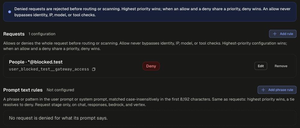 Gateway Access card expanded with the Requests section holding a Deny rule and an empty Prompt text rules section