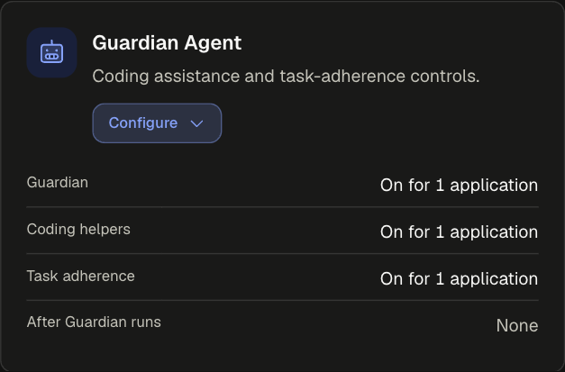 Guardian Agent card collapsed, showing Guardian, Coding helpers, Task adherence and After Guardian runs rows