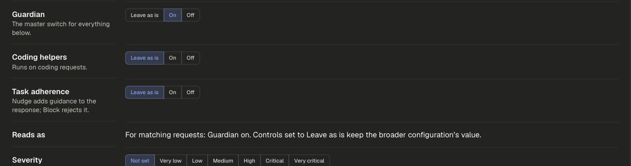 Guardian settings dialog with Leave as is, On and Off switches for Guardian, Coding helpers and Task adherence, a Reads as preview, and Severity