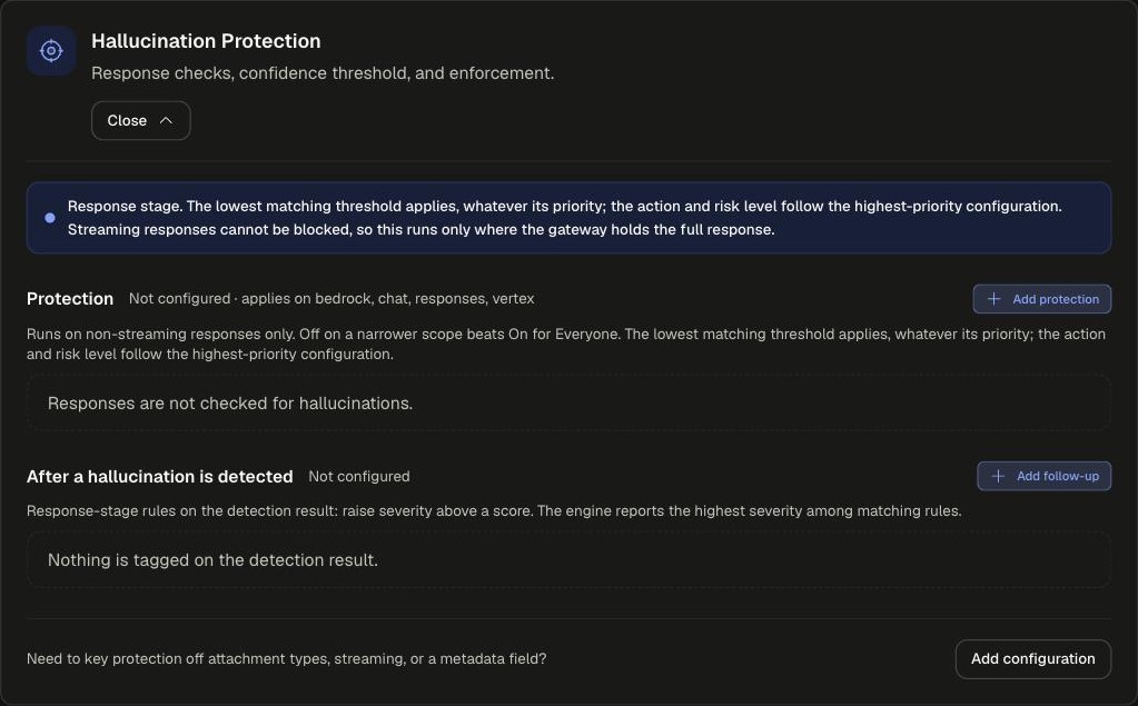 Hallucination Protection card expanded with the response-stage banner, the Protection section and the After a hallucination is detected section