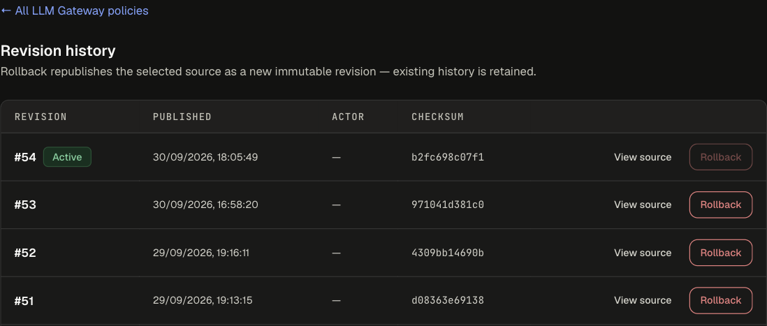 Revision history with revision number, Active badge, published time, actor, checksum, View source and Rollback