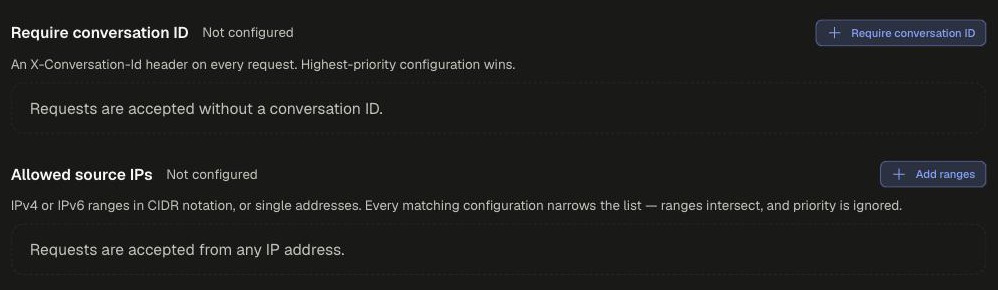 Require conversation ID and Allowed source IPs sections, both not configured