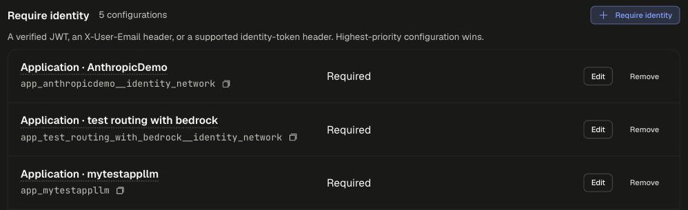Require identity section with per-application configurations marked Required