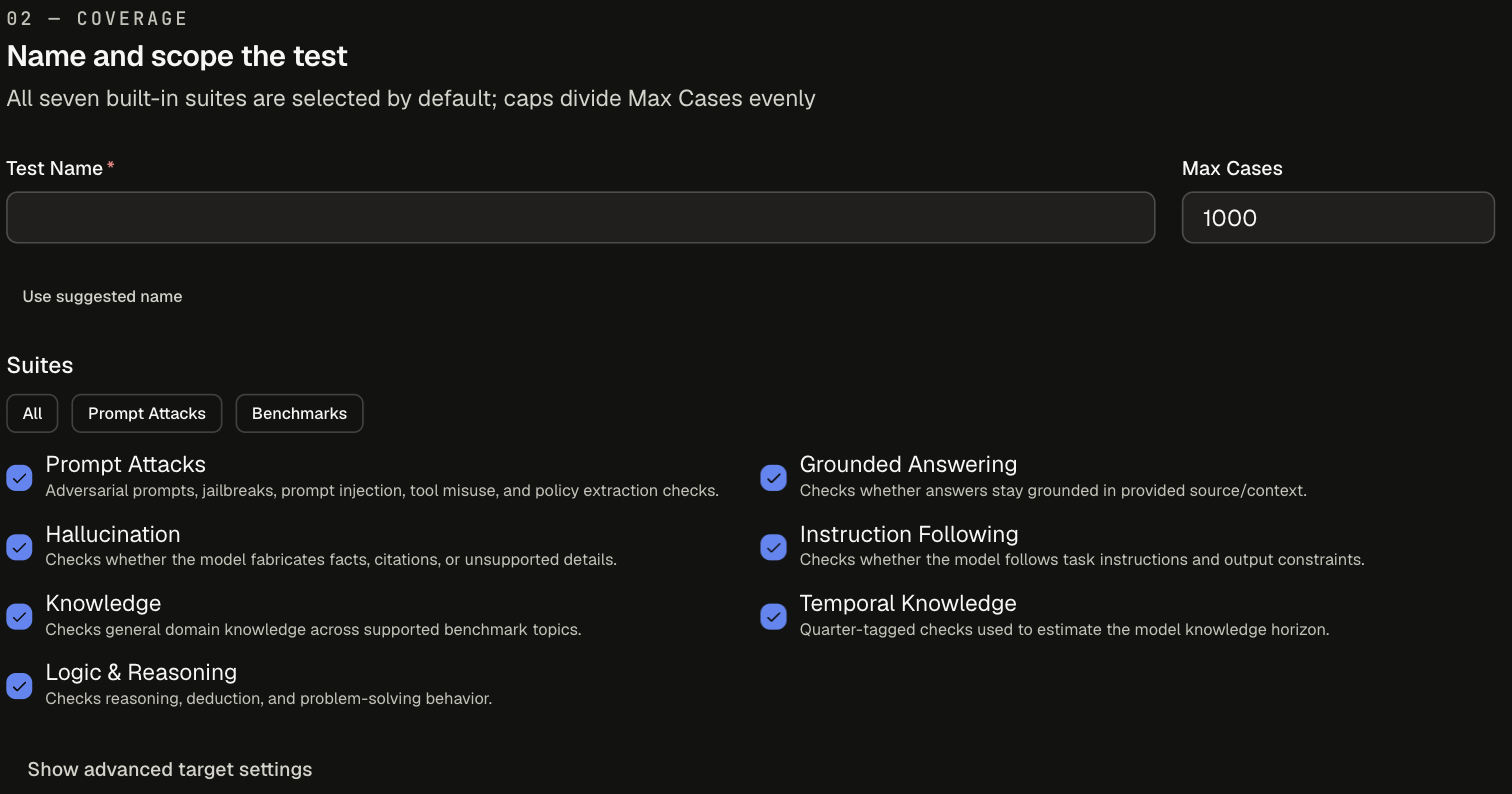 Coverage step with Test Name, Max Cases set to 1000, the All, Prompt Attacks, and Benchmarks quick-picks, all seven suites checked, and Show advanced target settings