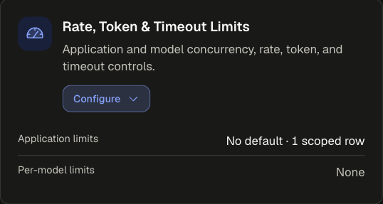 Rate, Token &amp; Timeout Limits card collapsed with the Application limits and Per-model limits summary rows