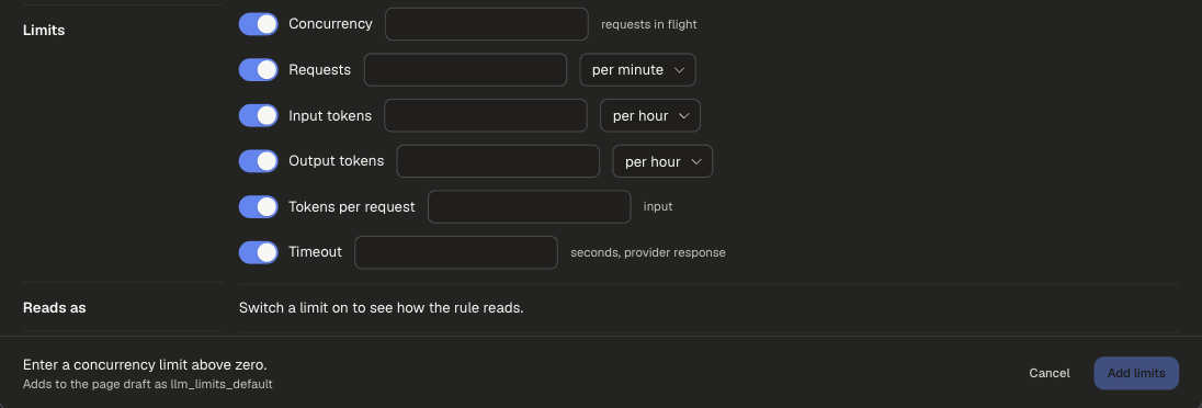 New application limits dialog with all six limits switched on: Concurrency, Requests per minute, Input tokens per hour, Output tokens per hour, Tokens per request and Timeout