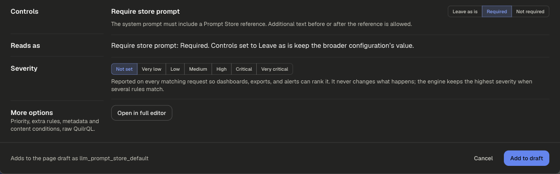 Controls, Reads as, Severity and More options rows of the New Prompt Store and Enforcement configuration dialog
