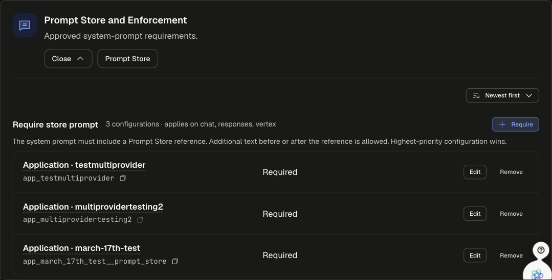 Prompt Store and Enforcement card expanded with the Require store prompt section and three per-application rows set to Required
