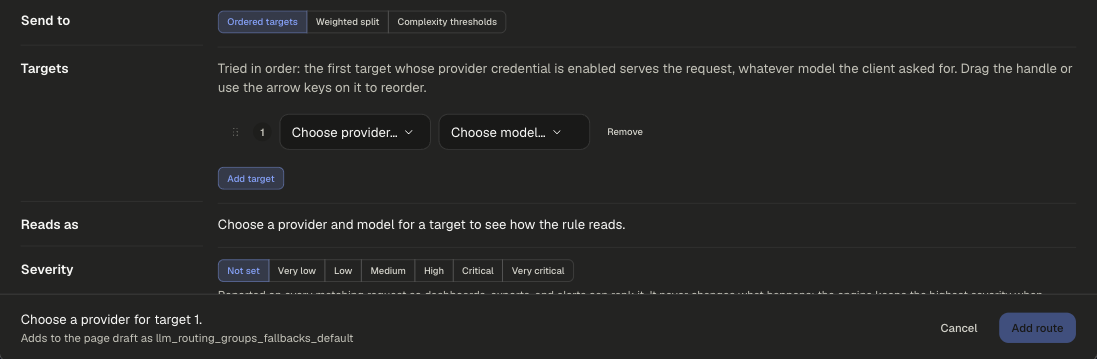 Ordered targets mode with one target row: Choose provider, Choose model, Remove, and Add target