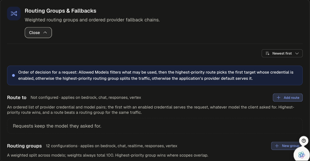 Routing Groups &amp; Fallbacks card expanded with the order-of-decision banner, an empty Route to section and the Routing groups header