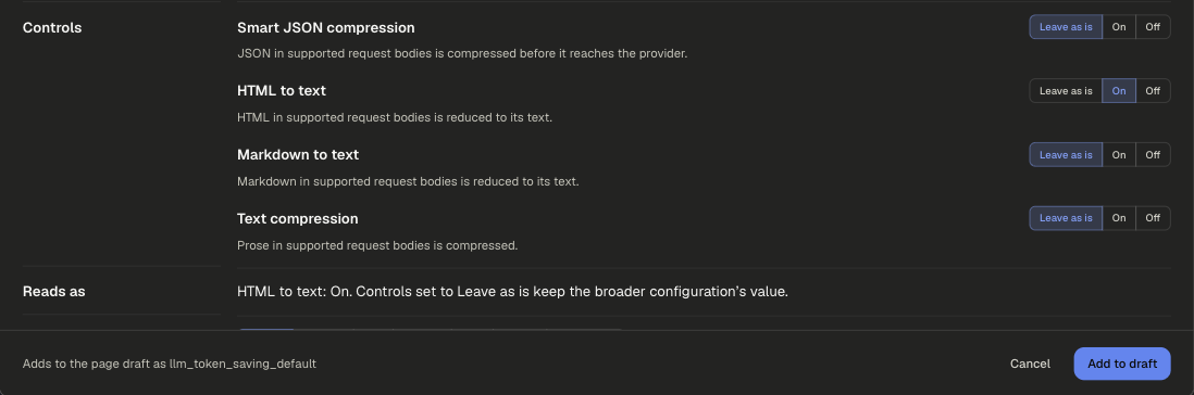 Controls section with Leave as is, On and Off for each of the four strategies