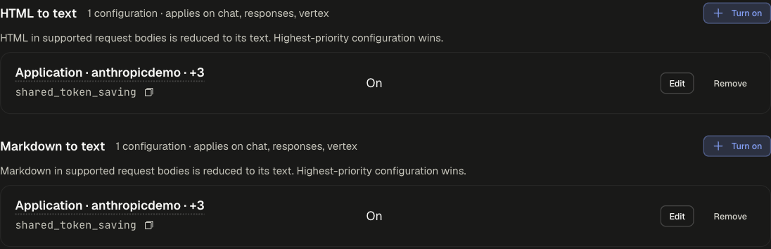 HTML to text and Markdown to text sections, each with a Turn on button and a shared configuration row