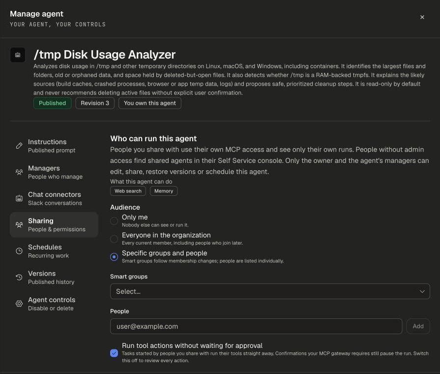 Sharing section with the Audience choices, the Smart groups and People fields, and the Run tool actions without waiting for approval option