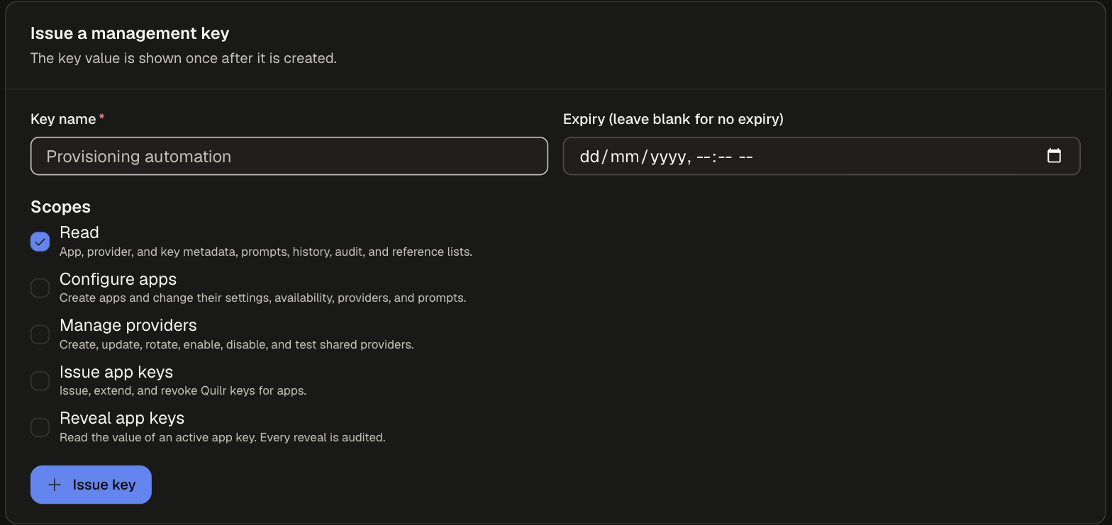 Issue a management key form with Key name, Expiry and the five scope checkboxes