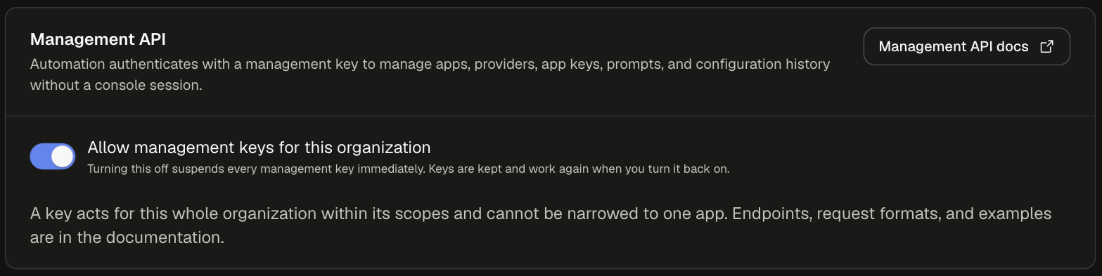 Management API tab with the Allow management keys for this organization switch turned on