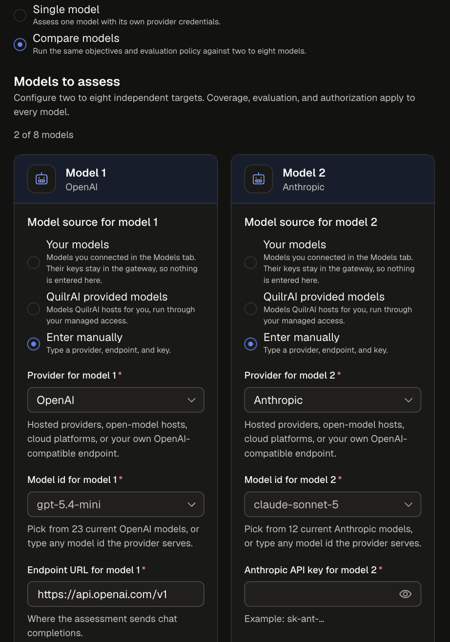 Compare models mode showing 2 of 8 models: Model 1 OpenAI gpt-5.4-mini and Model 2 Anthropic claude-sonnet-5