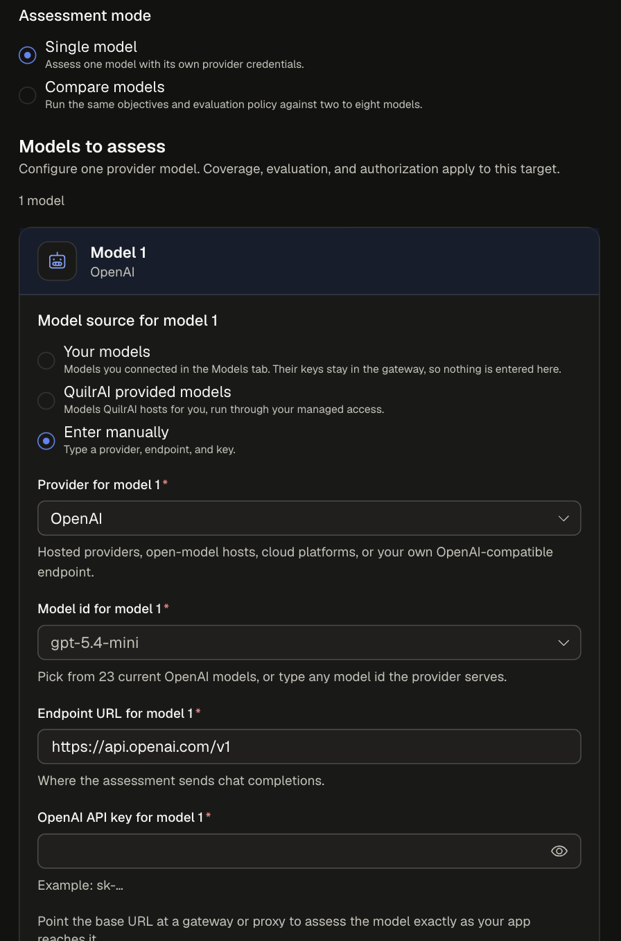 Enter manually with Provider OpenAI, Model id gpt-5.4-mini, Endpoint URL https://api.openai.com/v1, and the OpenAI API key field