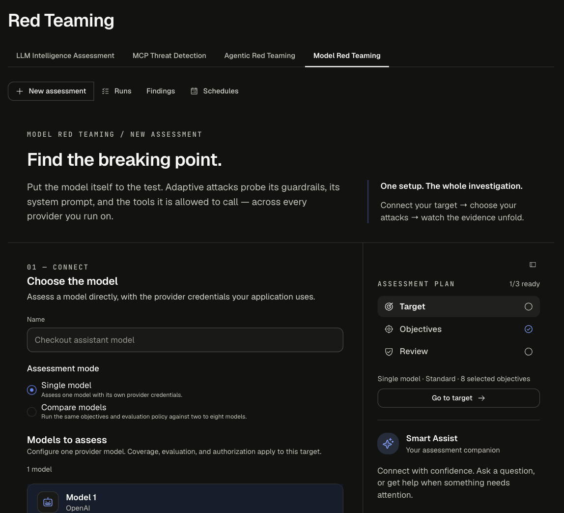 Model Red Teaming tab with the New assessment form, Assessment mode set to Single model, and the Models to assess section