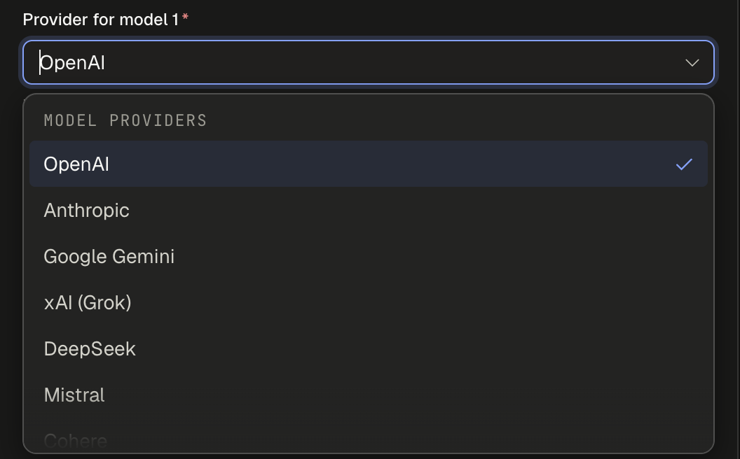 Provider dropdown open on the Model providers group: OpenAI, Anthropic, Google Gemini, xAI (Grok), DeepSeek, Mistral, Cohere