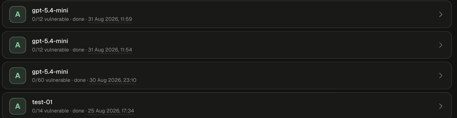 Completed runs list with four grade A cards: gpt-5.4-mini 0/12, 0/12, and 0/60 vulnerable, and test-01 0/14 vulnerable